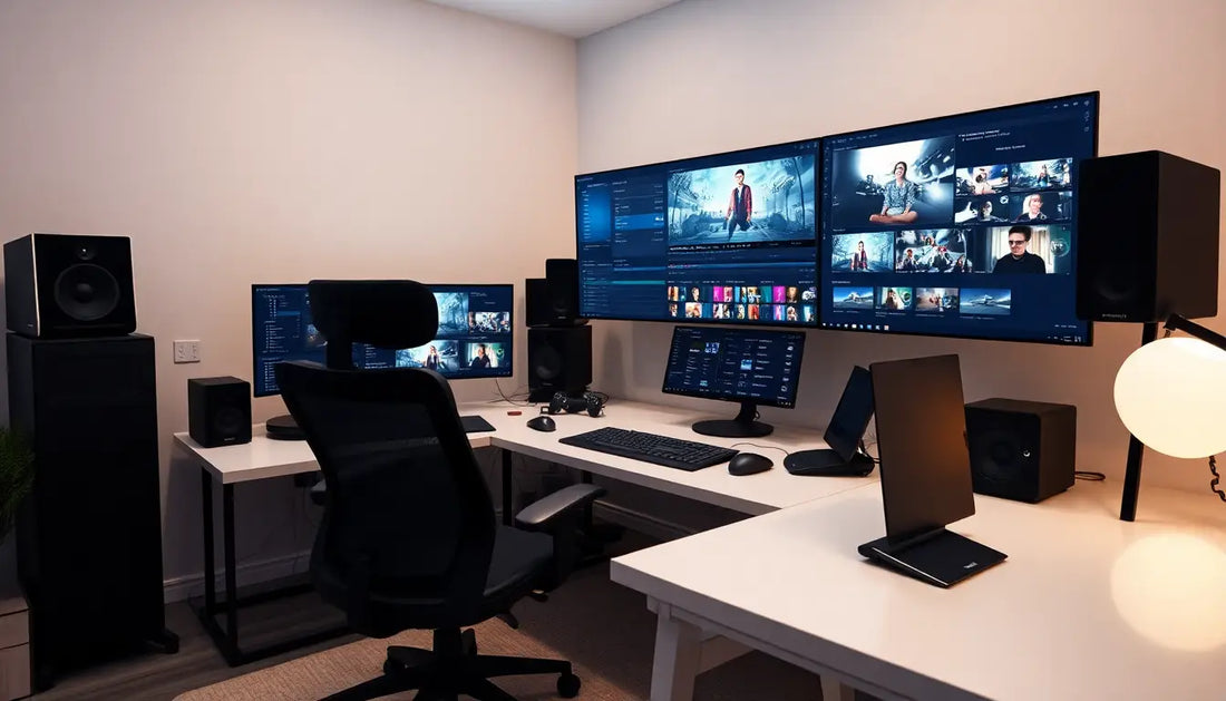 Modern computer workstation set up for high resolution video editing tasks
