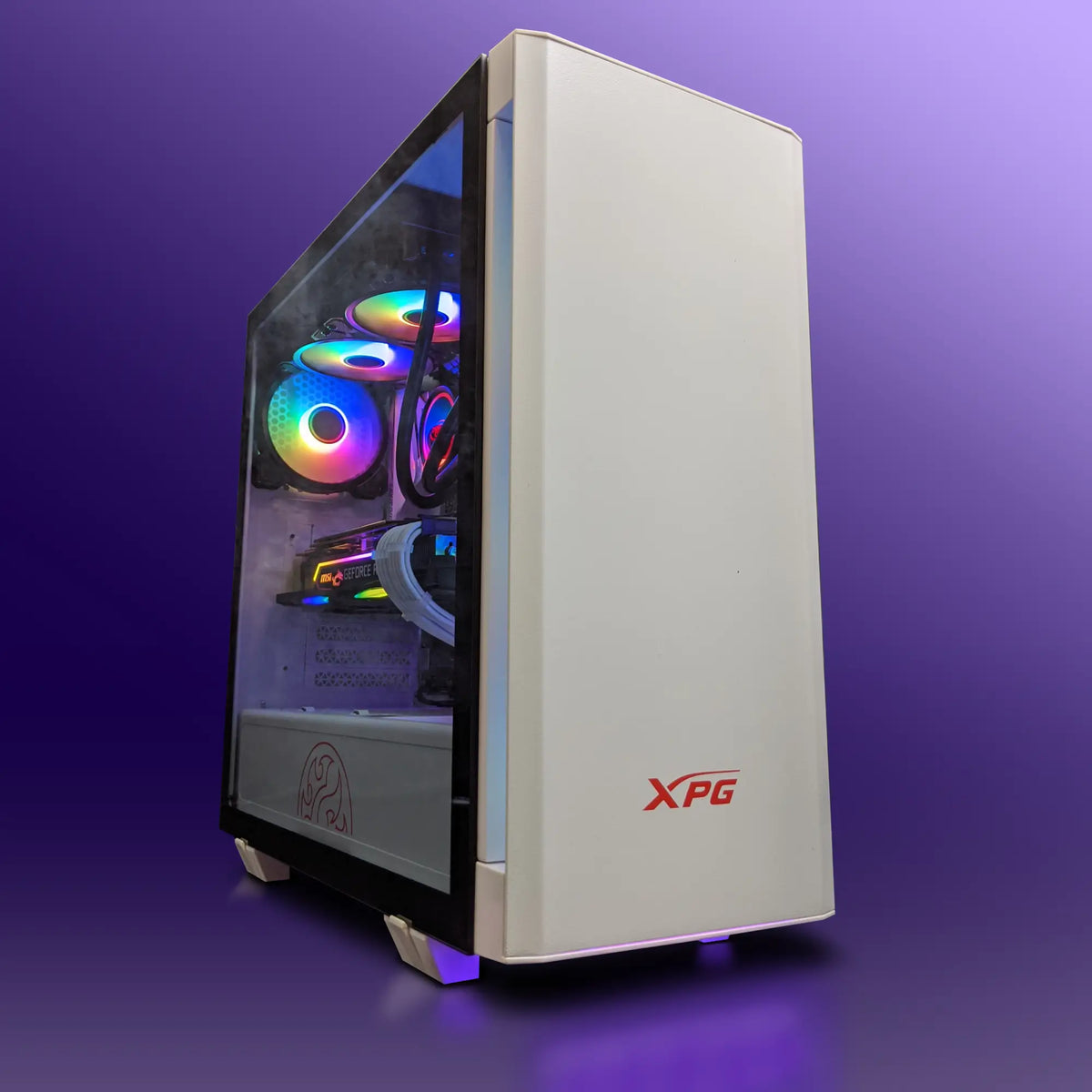White XPG PC case with transparent panel and rainbow RGB internals