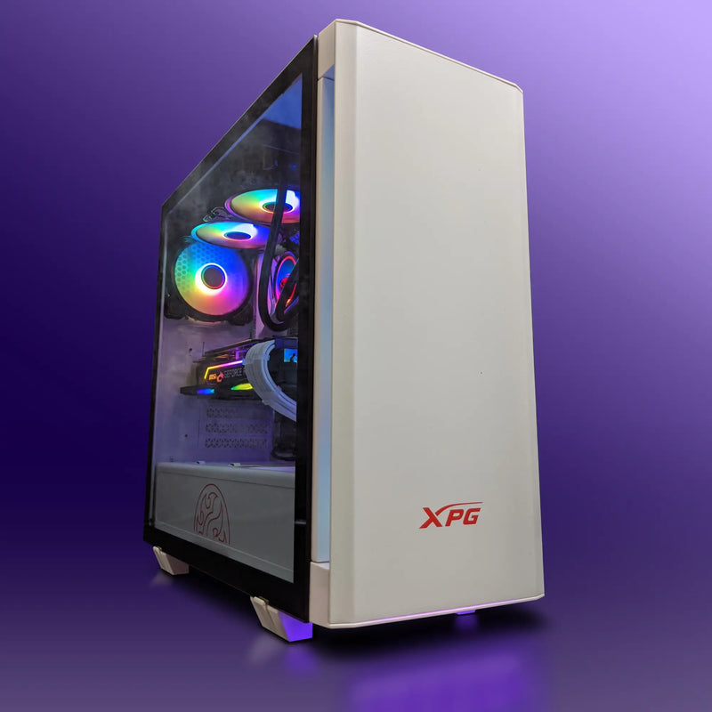 White XPG PC case with transparent panel and rainbow RGB internals