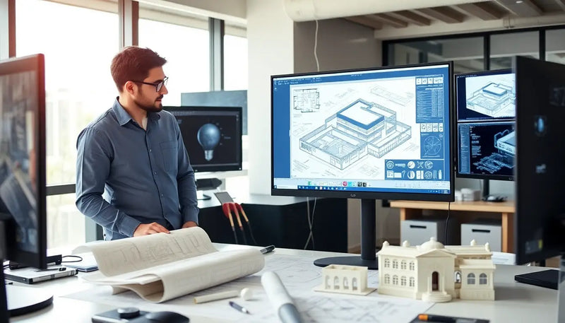 Architectural design workspace featuring advanced workstation PCs for 2025.