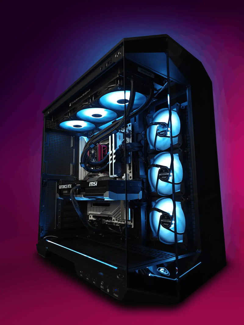 Black tempered glass pc case with blue led lighting and msi geforce rtx graphics card.