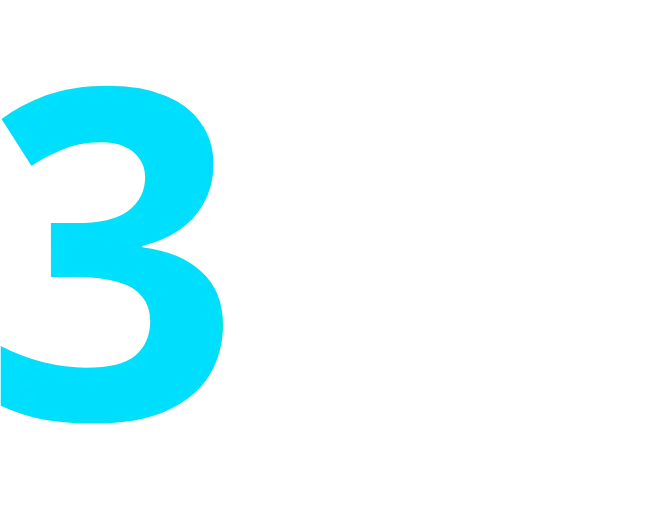 Bright cyan digital numeral three against a black background.