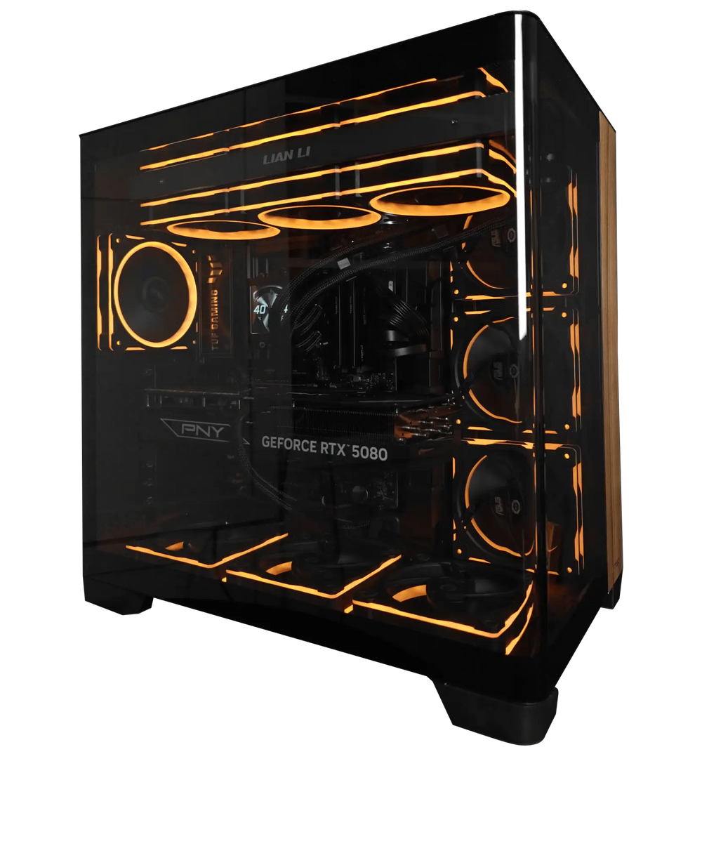 Glossy black computer case with glowing internal components on a transparent background for 3D rendering built by Alpha PC