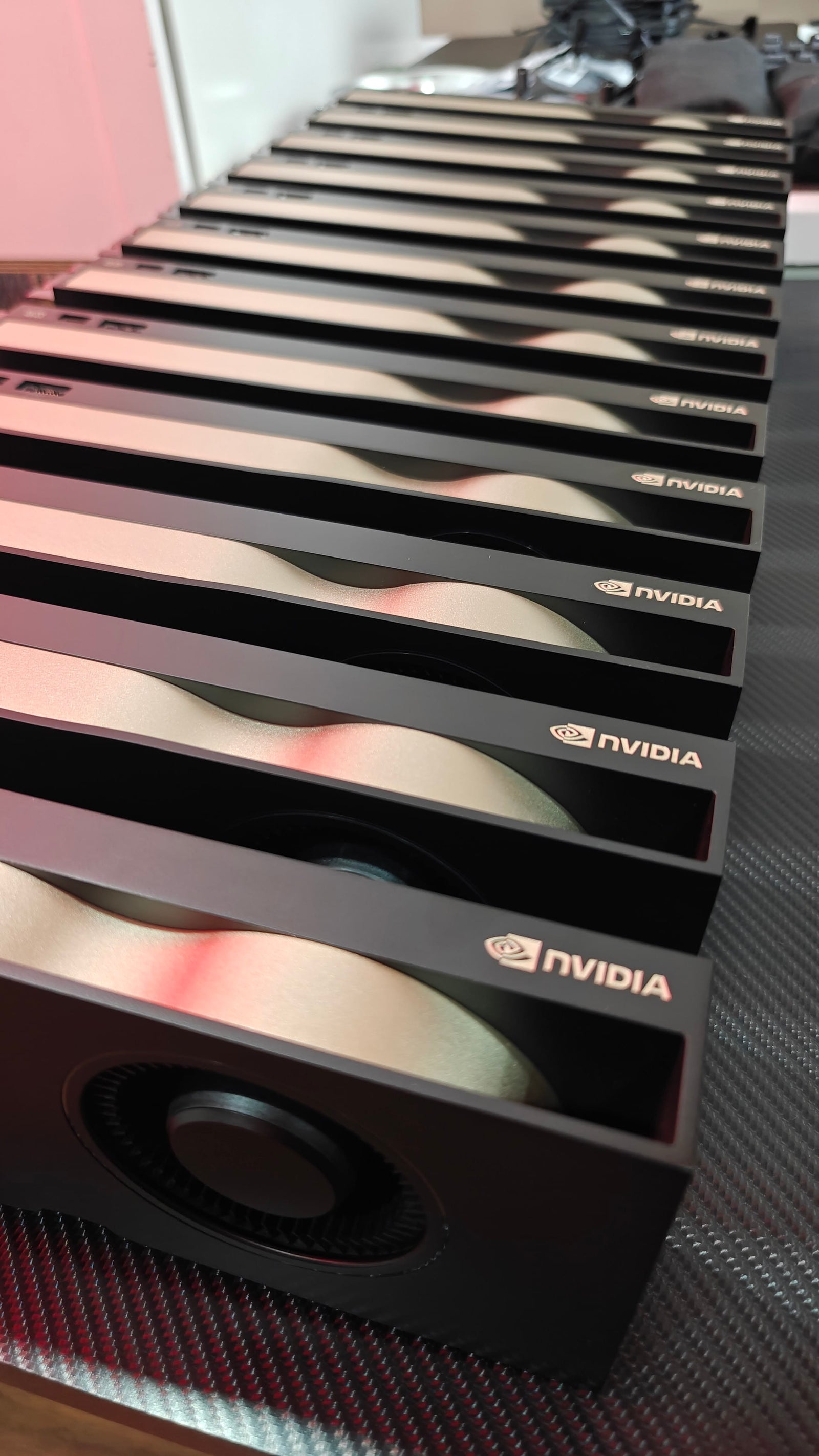 Row of NVIDIA professional graphics cards prepared for an Alpha PC compute system