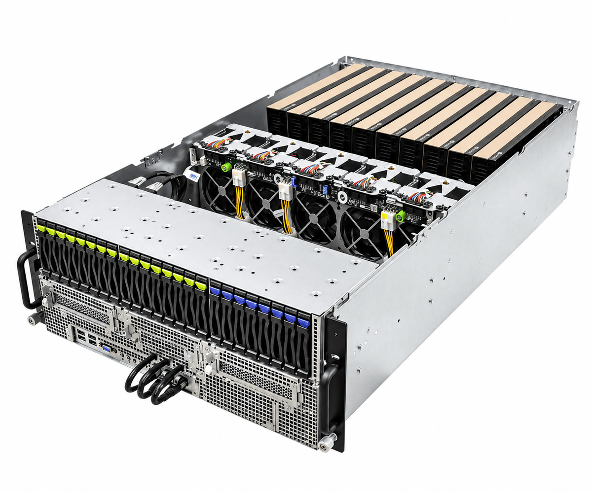 Rackmount multi-GPU server for AI infrastructure, with an open chassis showing GPUs, cooling fans and front drive bays.