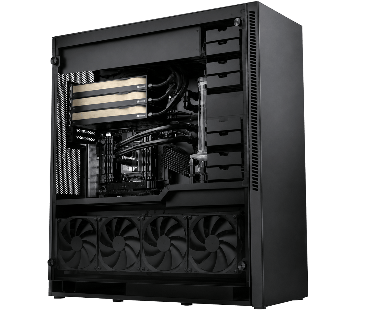 NVIDIA RTX PRO 6000 Blackwell Workstation, Liquid-cooled multi-GPU tower system with its internal components visible.