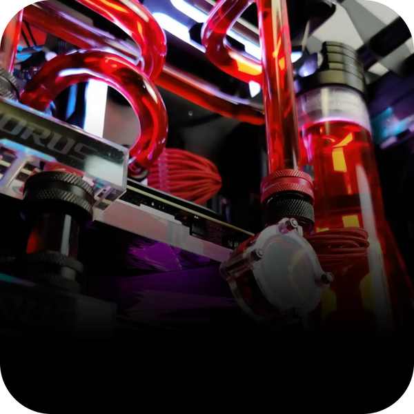 Personalized custom PC acrylic tubing by Toronto custom PC builder Alpha PC, crafted from glass‑like, scratch‑resistant PMMA to showcase vibrant coolant colors.