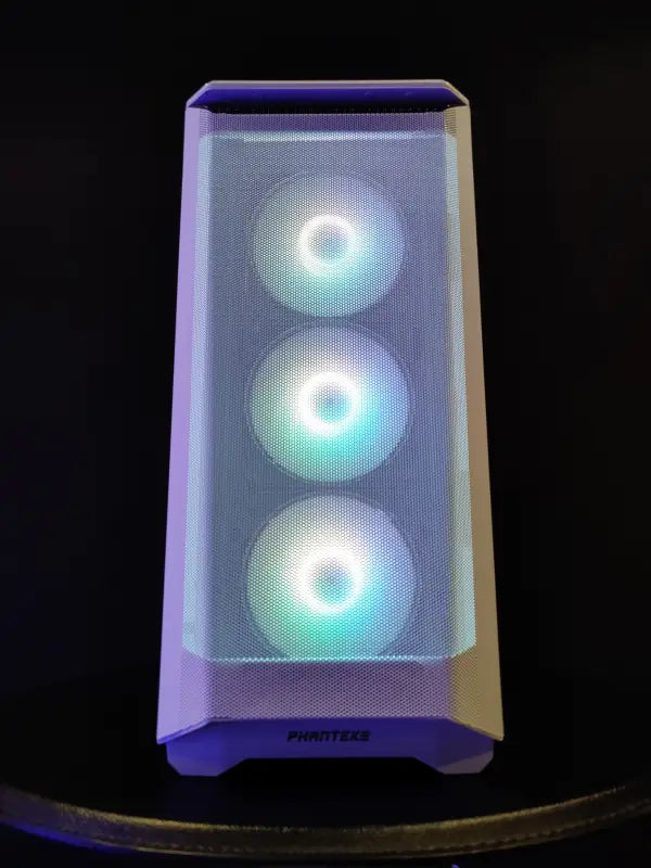 White computer case with illuminated fans for Alpha PC Snow Storm high-end gaming workstation