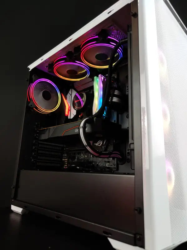 White computer case with RGB lighting for Alpha PC Snow Storm high-end gaming workstation