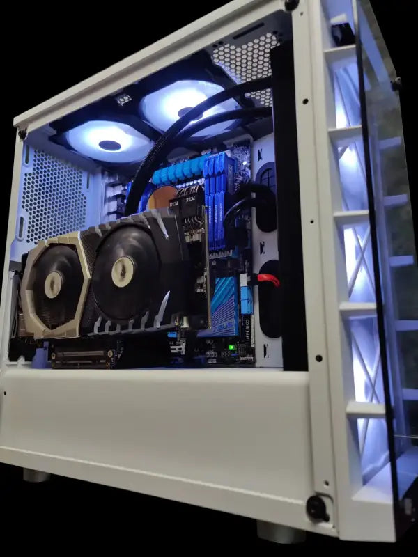 White computer case with illuminated components in AlphaPC White Gaming Server PC design server