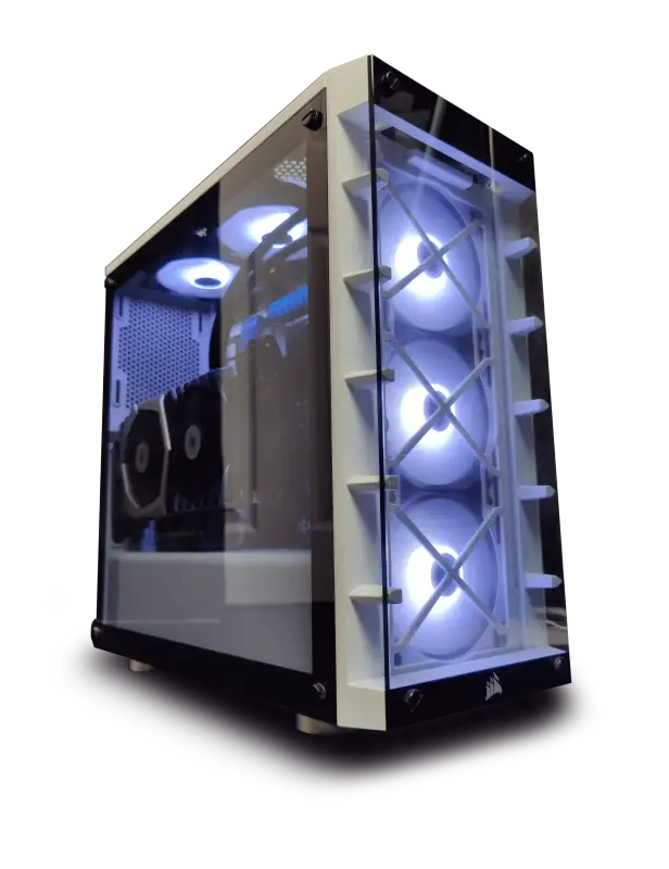 White gaming design server PC with illuminated fans, i7 CPU, 64GB RAM, GTX 1070 Ti