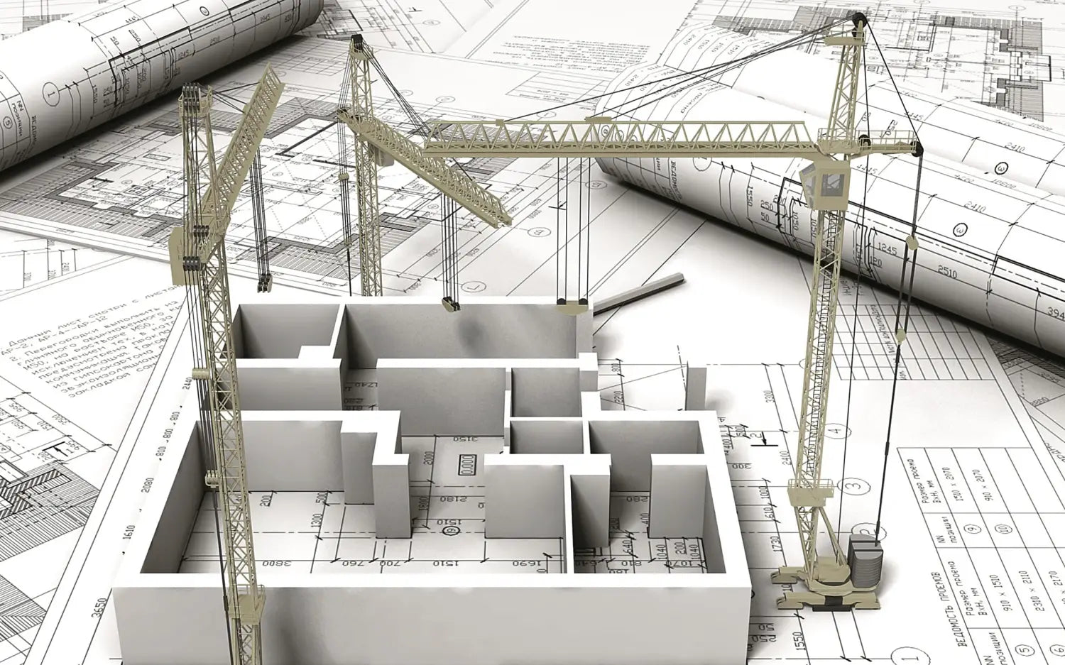 Architectural blueprint with 3D building model and two tower cranes under construction