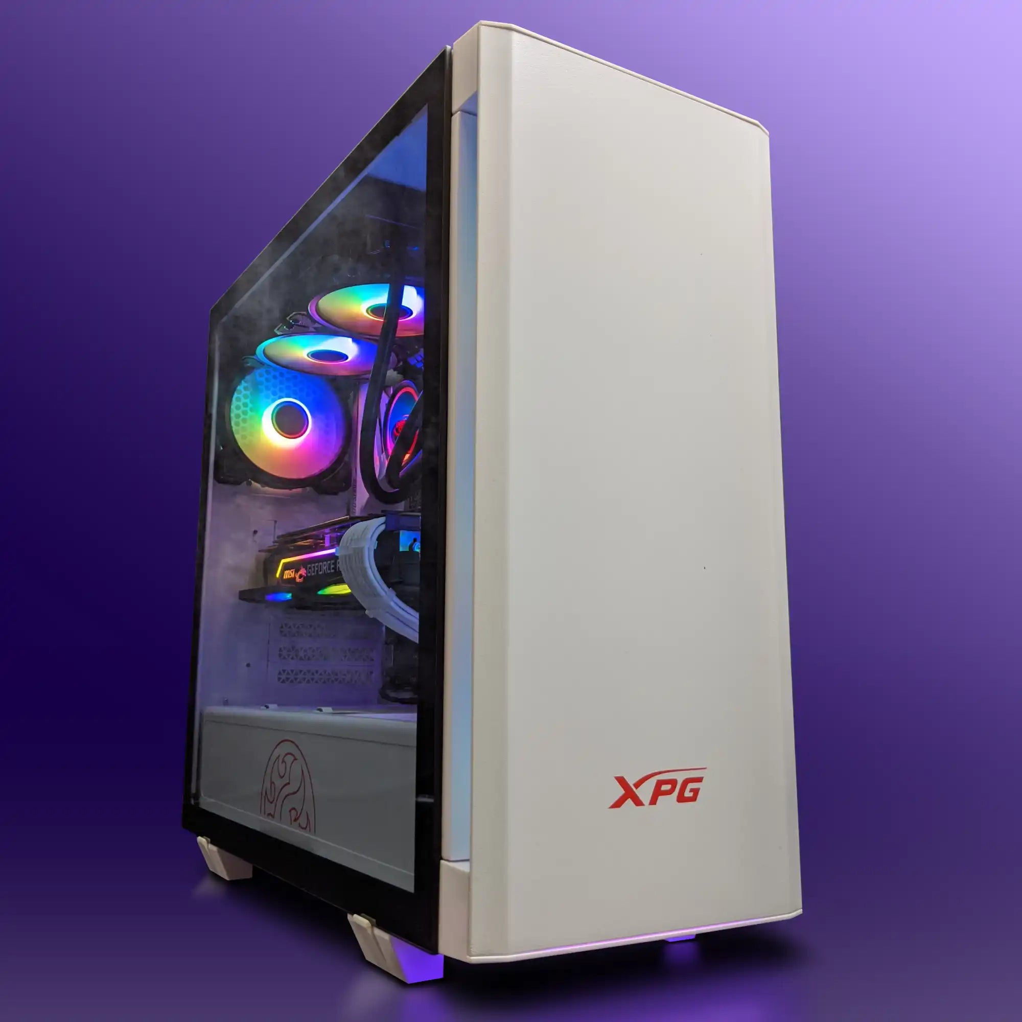 Arctic Nebula custom gaming PC: a high‑performance, sleek white XPG chassis with tempered glass side panel, RGB-lit fans, and high-end graphics card, handcrafted by Alpha PC—the #1 Custom PC Builder in Toronto—for ultra‑high‑performance gaming.