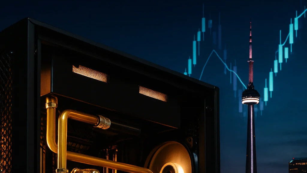 Brass pipes and circular gauge inside a dark enclosure for Alpha PC gaming build Toronto