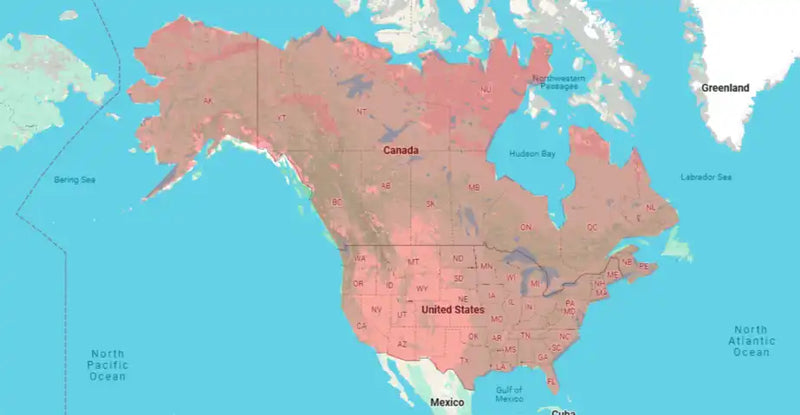 Highlighted Canada‑USA map illustrating extended on‑site and delivery service for custom PC builds from Toronto custom PC builder Alpha PC.