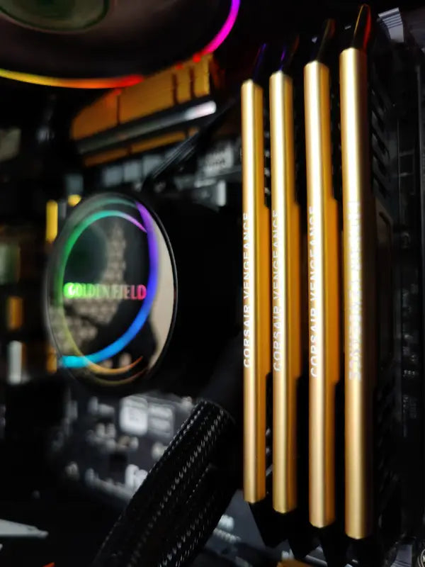 Gold Corsair Vengeance RAM sticks in Crystal Hydra i7 Gaming PC with 32GB RAM