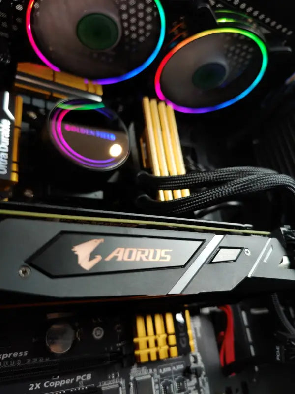 AORUS graphics card with RGB lighting in Crystal Hydra i7 Gaming PC with 32GB RAM