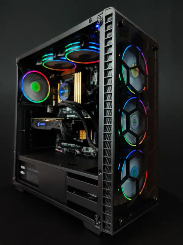 Black computer case with RGB fans in Crystal Hydra i7 Gaming PC with 32GB RAM