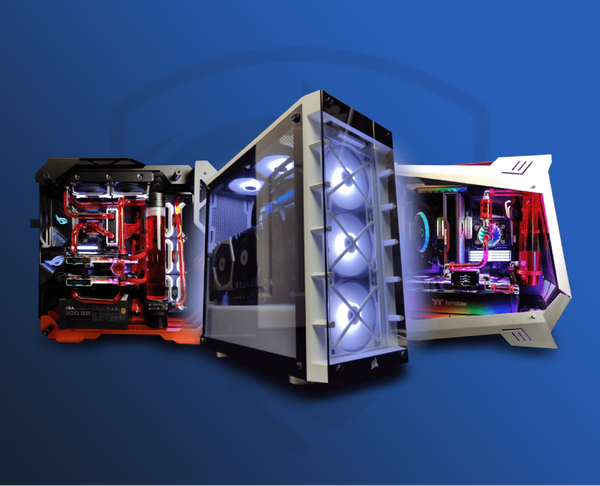Three computer cases with transparent sides on a blue background for Gaming and high-performance work built by Alpha PC in Toronto, Canada