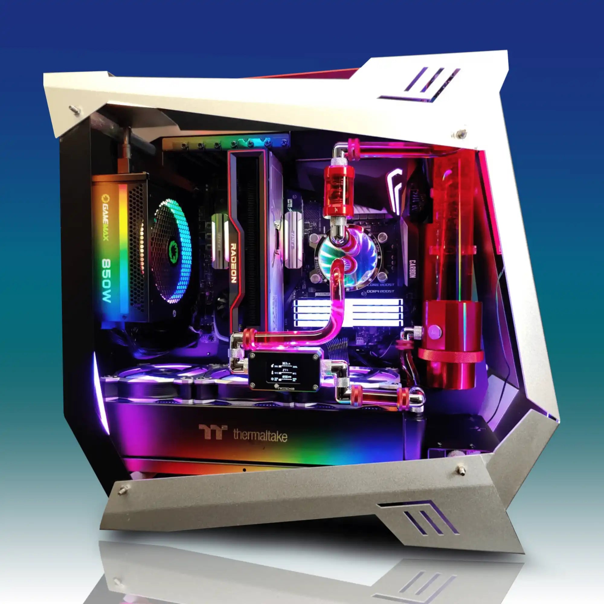 Cyber Vortex custom gaming PC: a white angular, liquid‑cooled chassis with RGB lighting and tempered glass side panel, handcrafted by Alpha PC—the #1 Custom PC Builder in Toronto—for ultra‑high‑performance gaming.