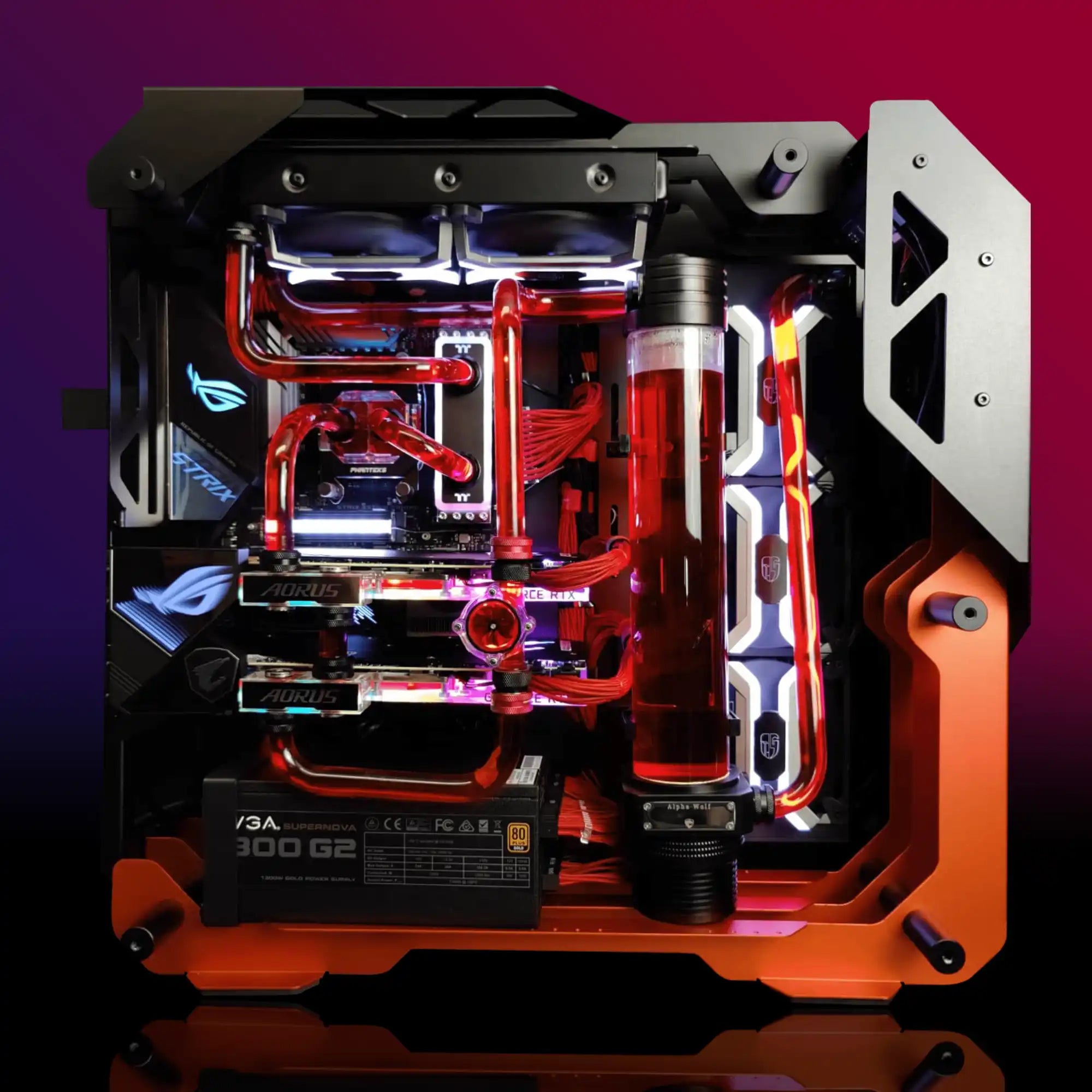 Ember Fury custom gaming PC: a high‑performance custom PC with bold red liquid‑cooling loops, dual Aorus GPUs, and RGB lighting, handcrafted by Alpha PC—the #1 Custom PC Builder in Toronto—for ultra‑high‑performance gaming.