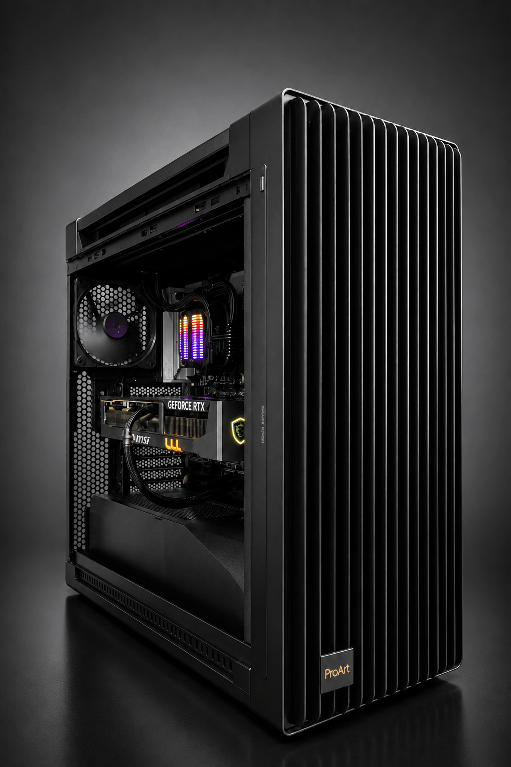 Black Alpha PC workstation tower with side panel removed