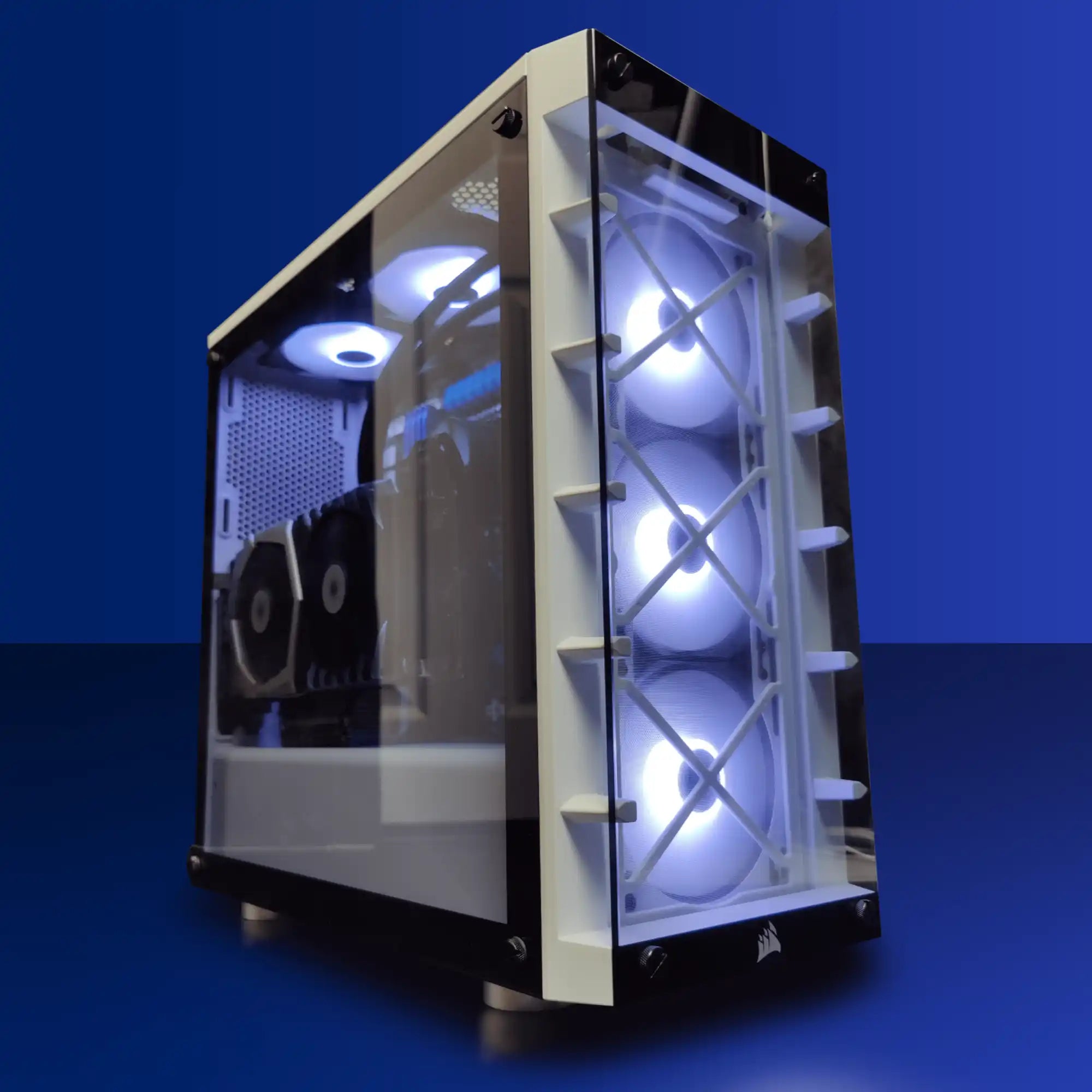 Frost Sentinel custom gaming PC: a high‑performance, white Corsair chassis with tempered glass side panel, triple front LED fans and RGB‑lit liquid‑cooling loops, handcrafted by Alpha PC—the #1 Custom PC Builder in Toronto—for ultra‑high‑performance gaming.
