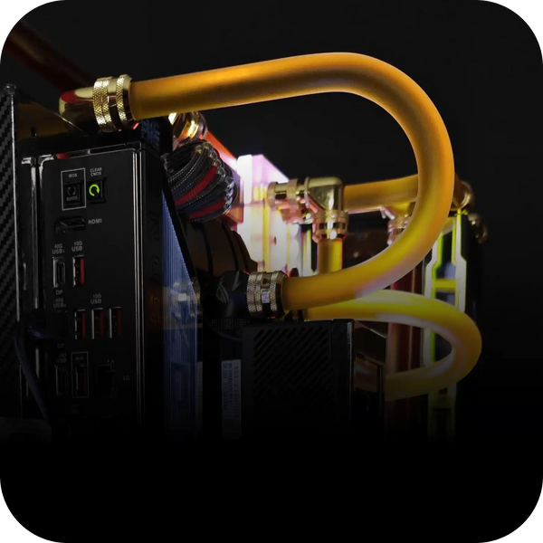 Custom PC water‑cooling with frosted PMMA tubing by Toronto custom PC builder Alpha PC, offering sleek matte aesthetics and resistance to high heat.