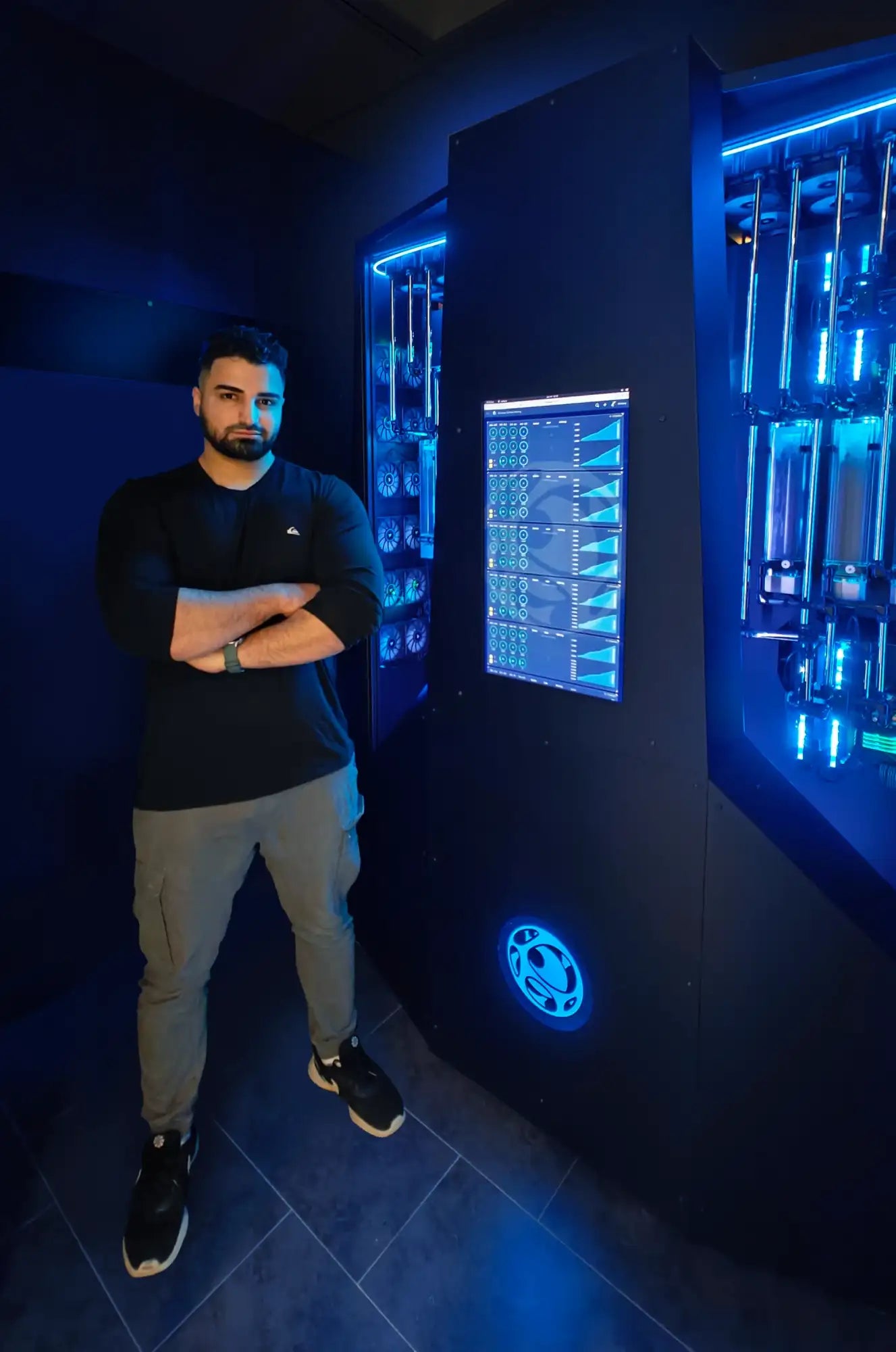 Illustration of rack-mounted GPU servers under blue data-center lighting