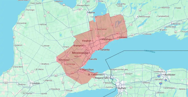 Map of the Greater Toronto Area highlighting Alpha PC’s on‑site custom PC service region across Toronto, Mississauga, Brampton, Vaughan, Markham, and Oshawa.