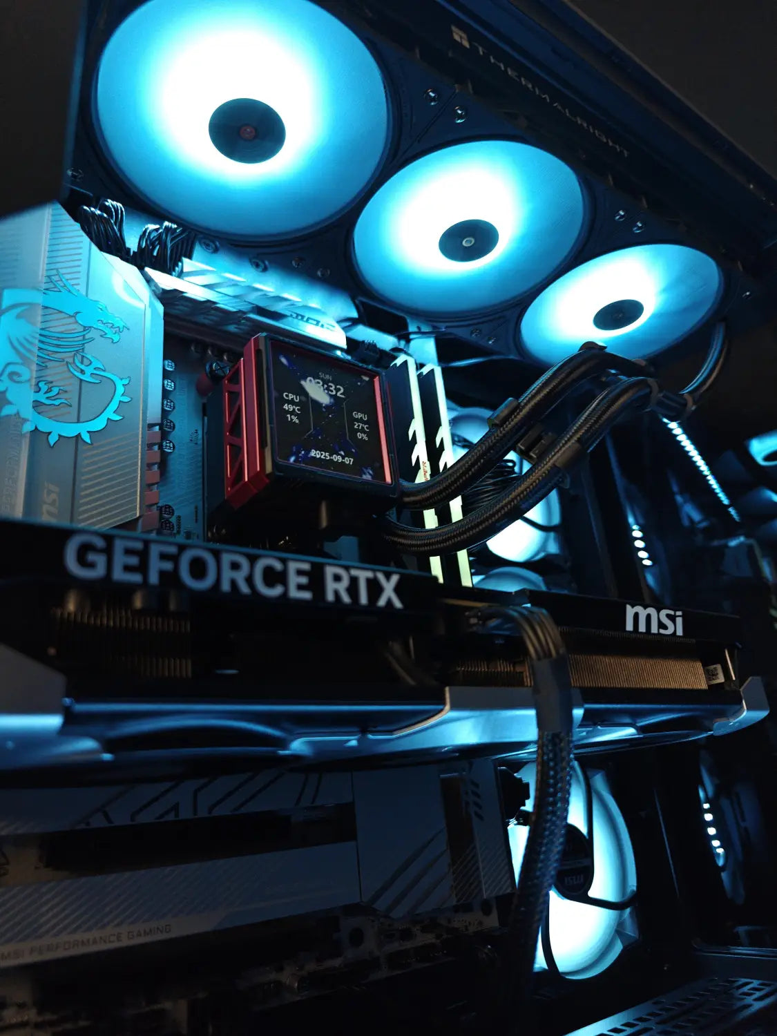High-performance gaming PC with vibrant blue lighting and visible components in Toronto