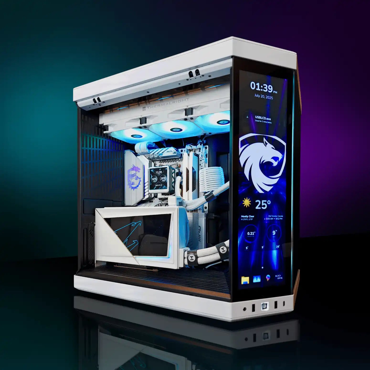 Ice Polar custom gaming PC: a high‑performance, liquid‑cooled gaming PC, white HYTE Panda Y70 touchscreen chassis with integrated display, featuring an RTX 5090 Aorus XTREME WATERFORCE GPU, custom liquid‑cooling loops and RGB fans, handcrafted by Alpha PC—the #1 Custom PC Builder in Toronto.