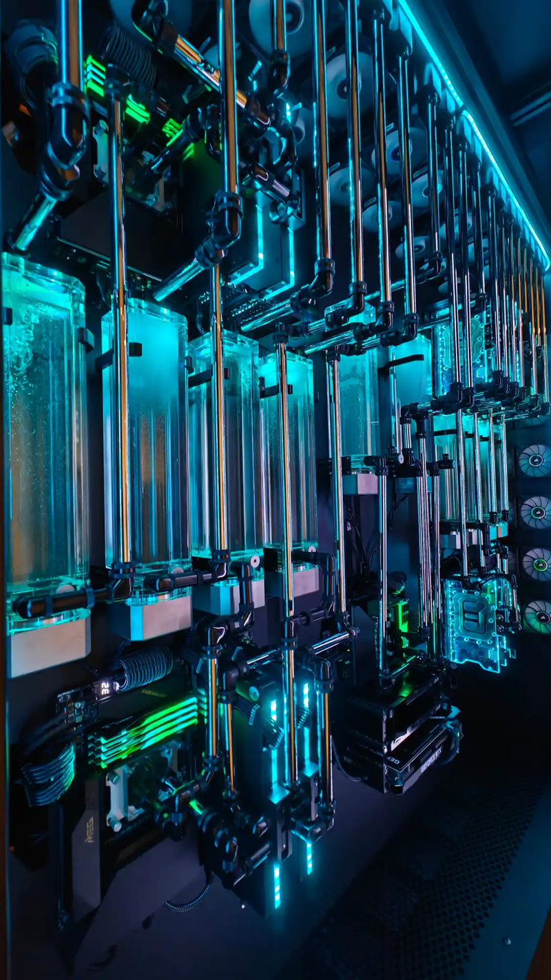 Illuminated, complex liquid cooling system.