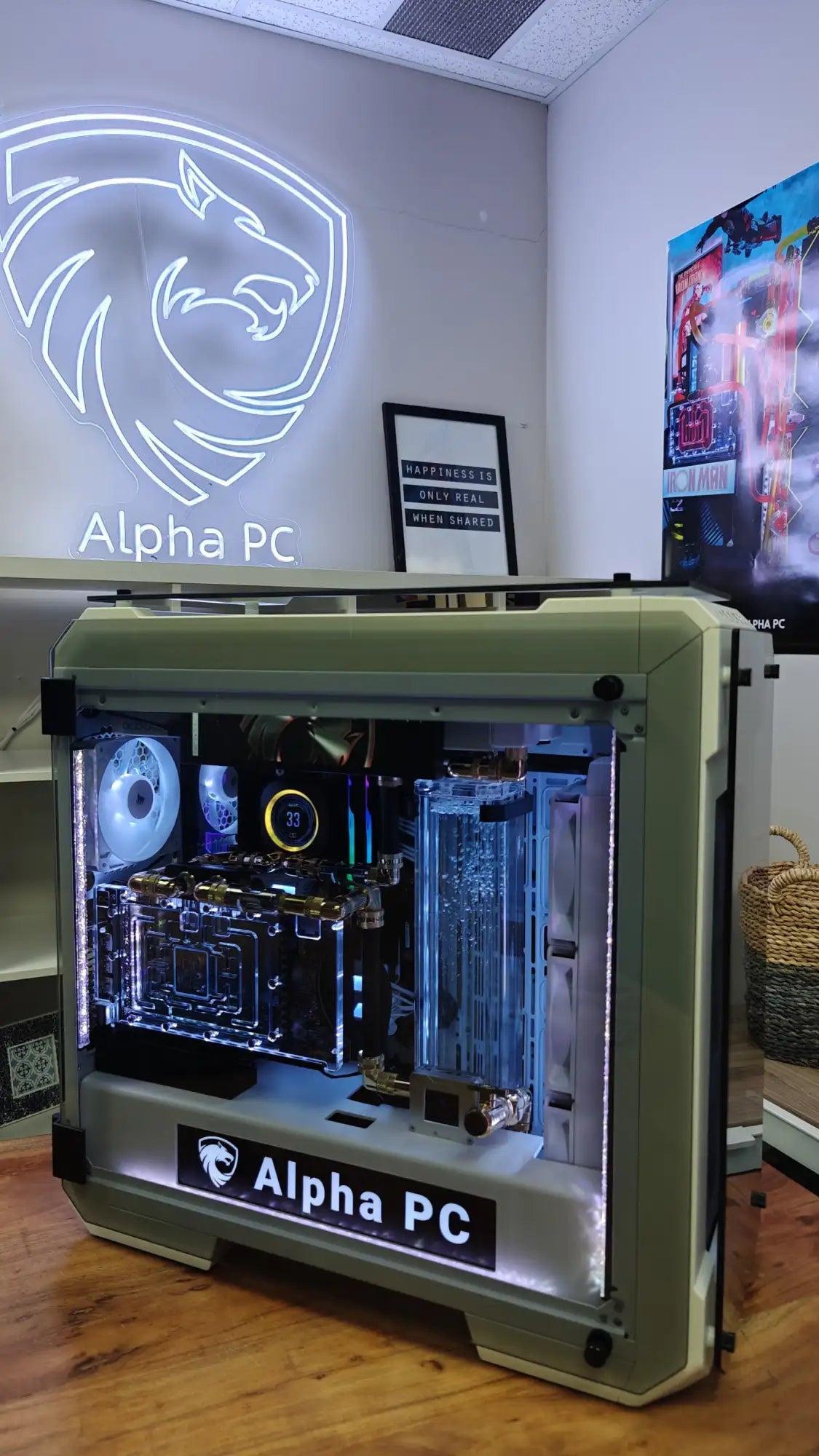 Olive green alpha pc gaming desktop with a transparent side panel revealing internal components illuminated by blue led lighting.