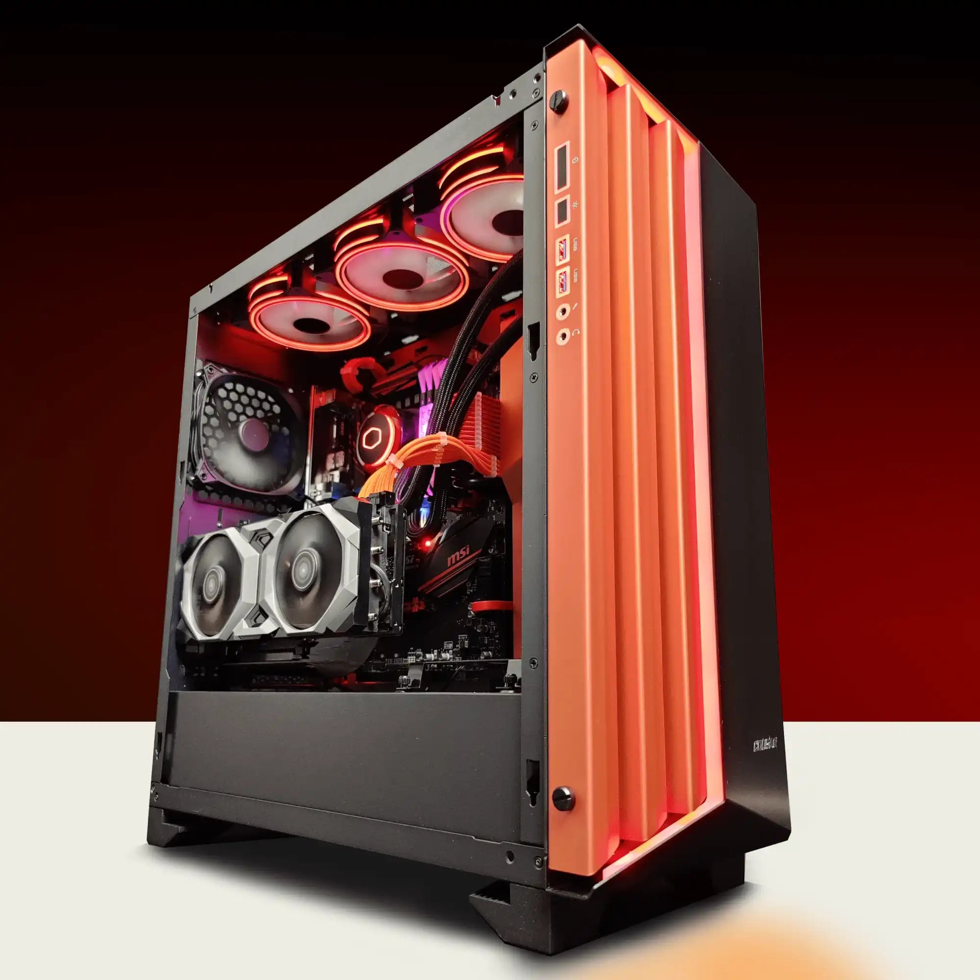 Inferno Apex custom gaming PC: a high‑performance, black and red liquid‑cooled chassis with triple RGB fans and tempered glass side panel, custom Gaming PC by Alpha PC—the #1 Custom PC Builder in Toronto—for ultra‑high‑performance gaming.