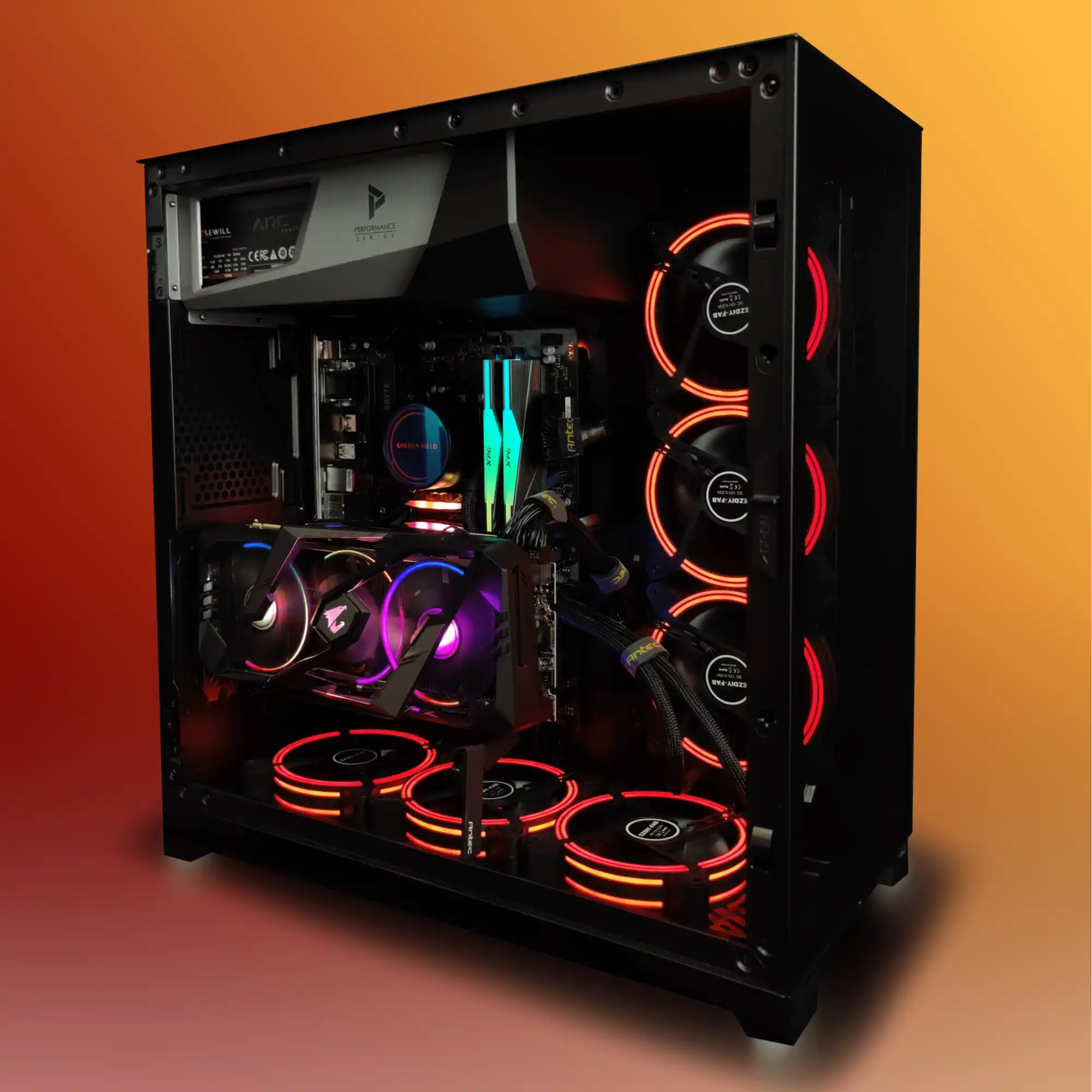 Inferno Titan custom gaming PC: a high‑performance black open‑frame chassis with six red LED intake fans, dual graphics cards, and custom liquid cooling, handcrafted by Alpha PC—the #1 Custom PC Builder in Toronto—for ultra‑high‑performance AAA, eSports, and immersive gaming.