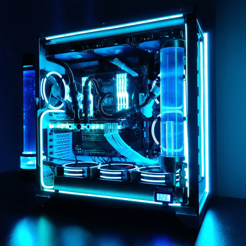 Blue-lit custom gaming computer.