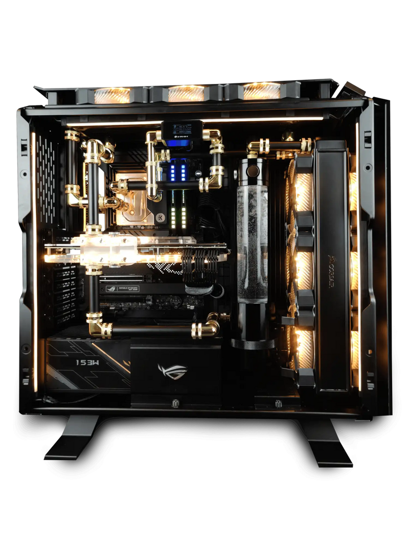 Computer hardware components inside a transparent case with ASUS logo. Custom Liquid-Cooled Workstation built by Alpha PC.