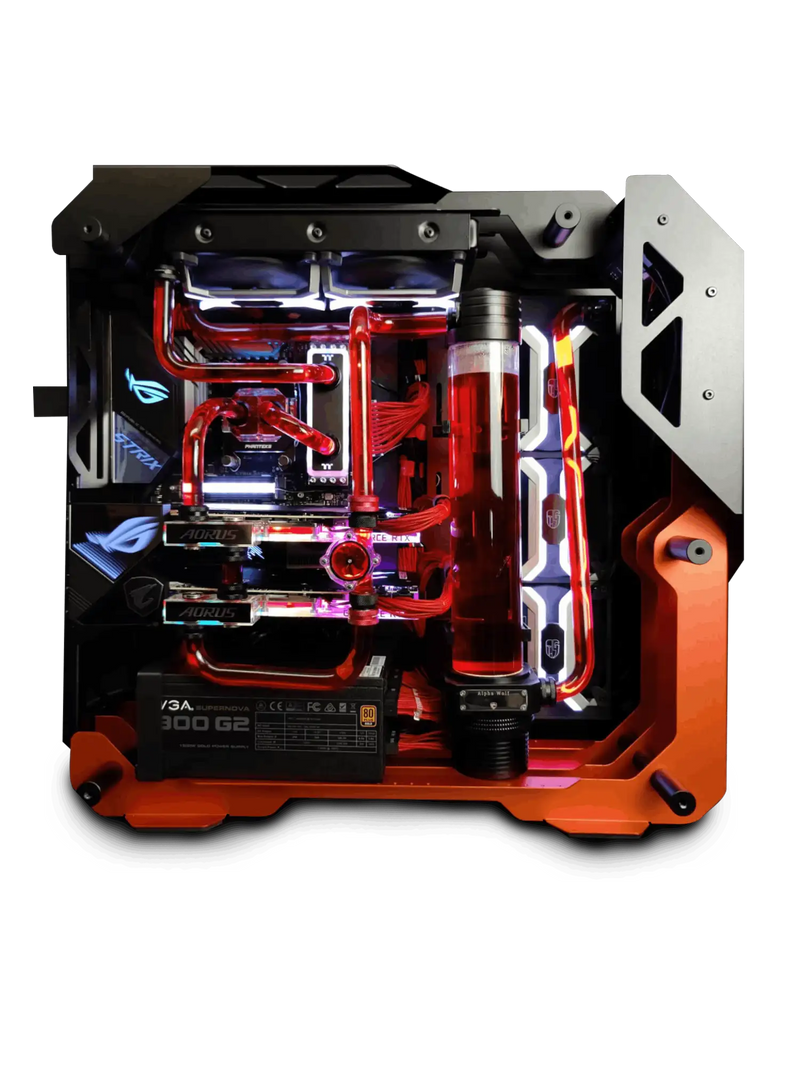 Computer hardware components inside a transparent case with red and black accents. Custom Liquid-Cooled Workstation built by Alpha PC.