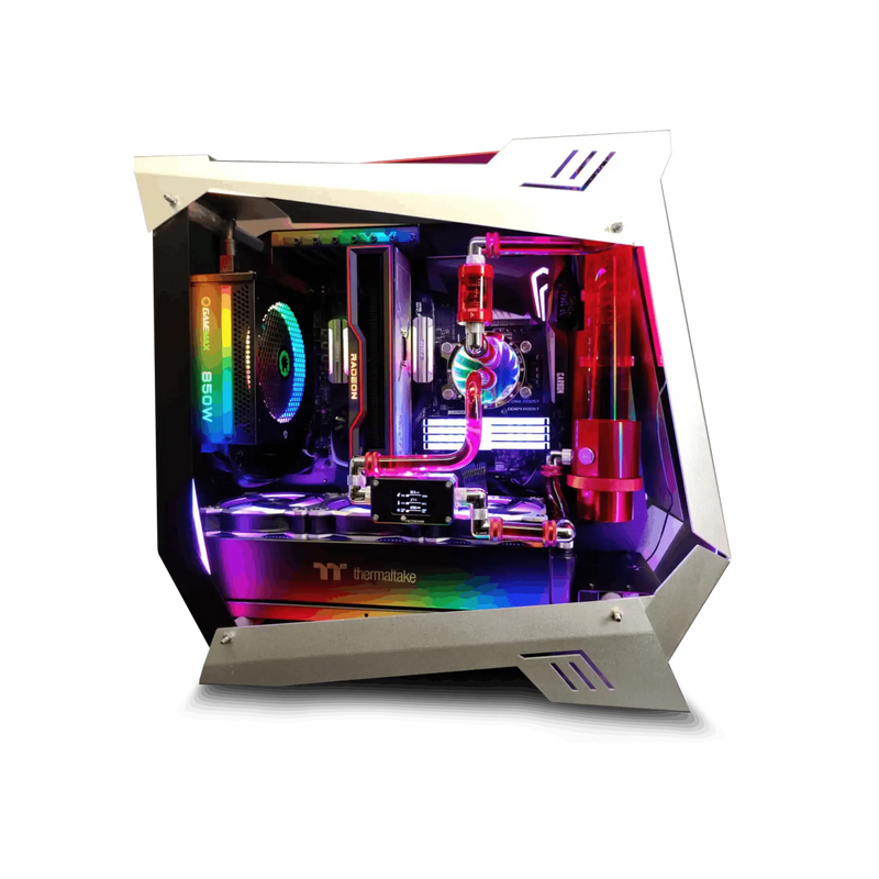 Computer case with RGB lighting on a black background. Custom Liquid-Cooled Workstation built by Alpha PC.