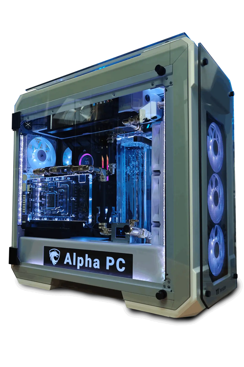 Alpha PC computer case with clear side panel on a black background. Custom Liquid-Cooled Workstation built by Alpha PC.