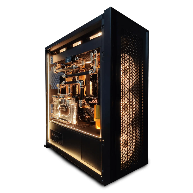 Computer case with visible internal components on a black background. Custom Liquid-Cooled Workstation built by Alpha PC.