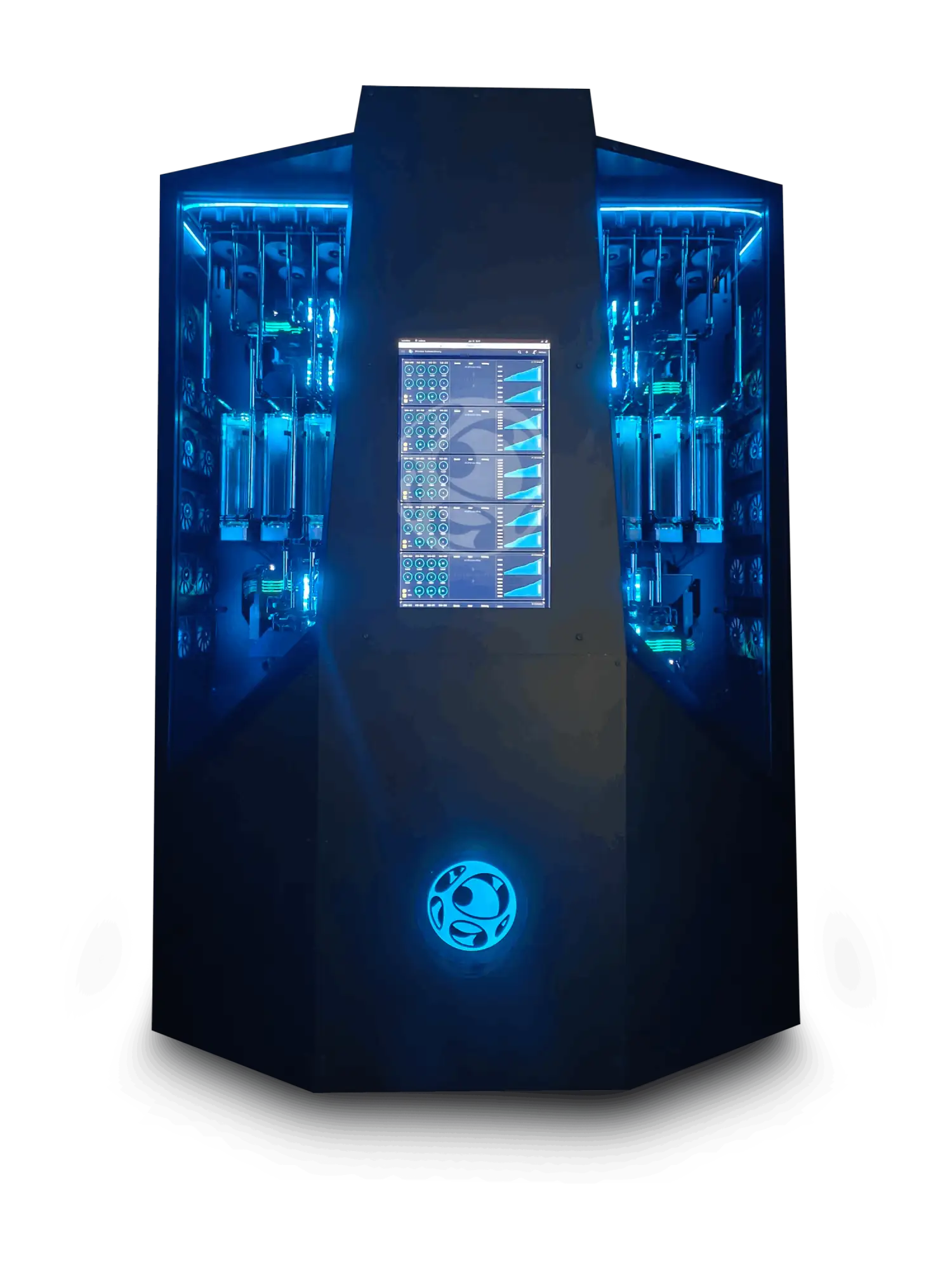 Alpha PC workstation with a custom liquid-cooling loop and blue system lighting