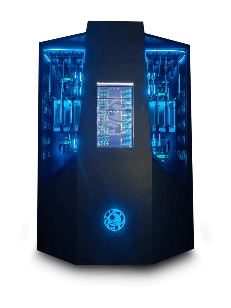 AI Supercomputer with blue LED lighting in a black case. Custom Liquid-Cooled Workstation built by Alpha PC.