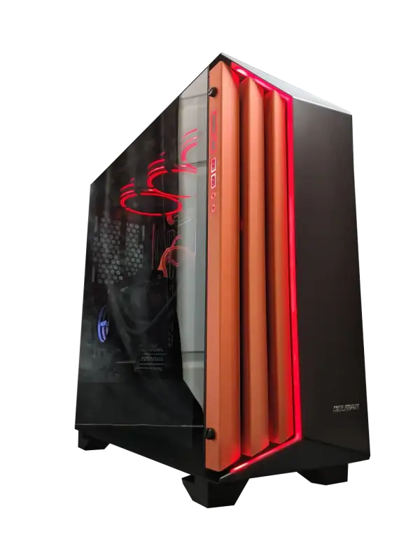 Liquid cooled gaming computer tower with red lighting for optimal gaming and video editing