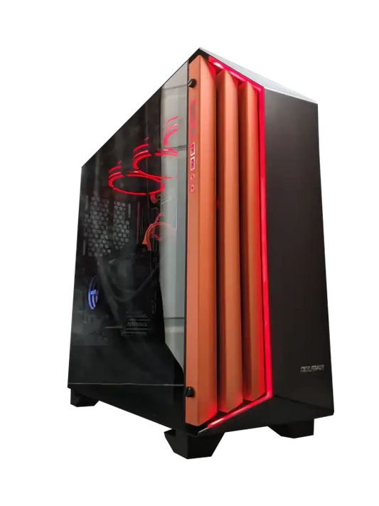 Liquid cooled gaming computer tower with red lighting for optimal gaming and video editing