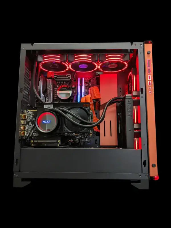 Illuminated Liquid Cooled Gaming Computer Tower with Red Lighting for video editing
