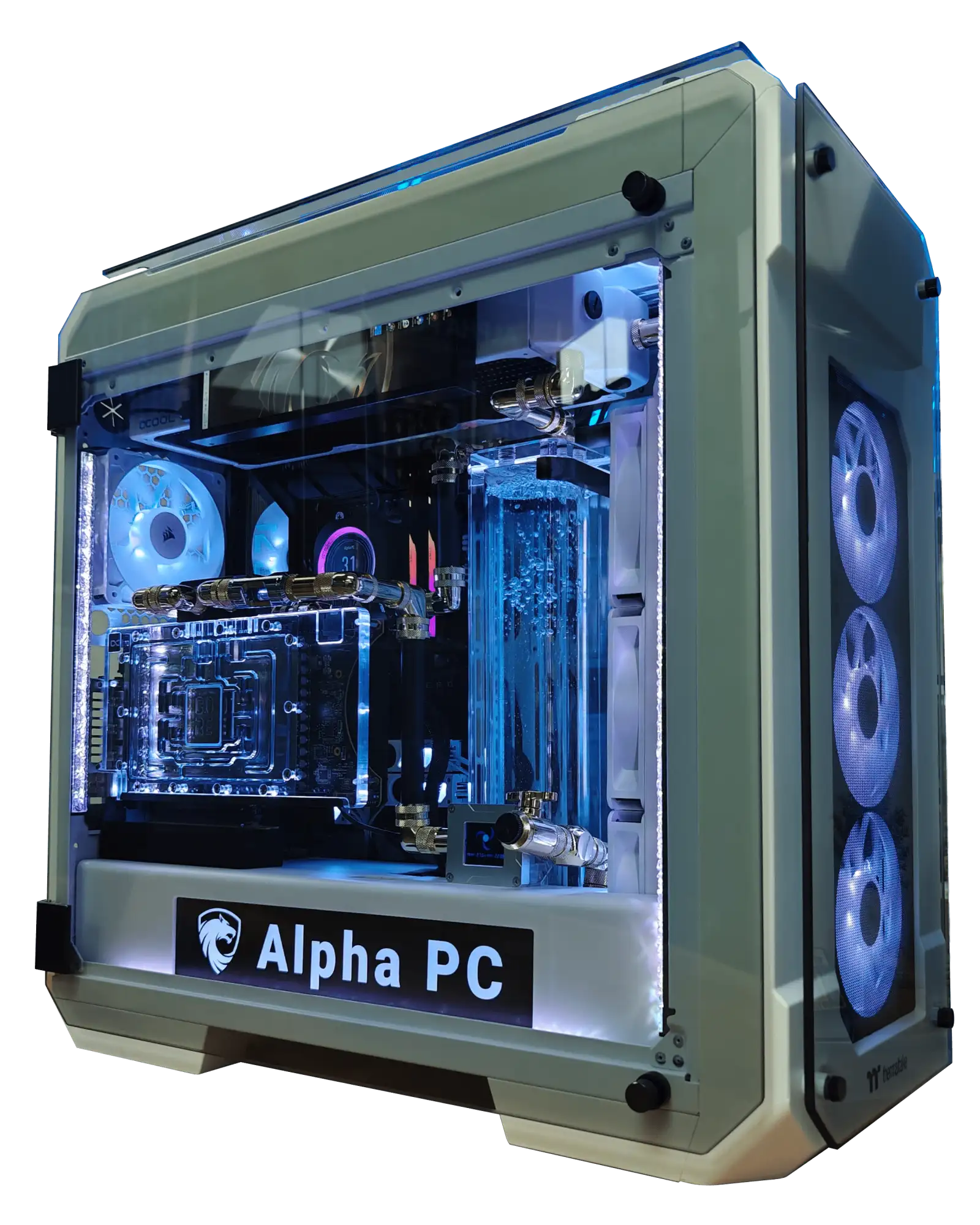 Liquid-cooling loop inside an Alpha PC professional workstation