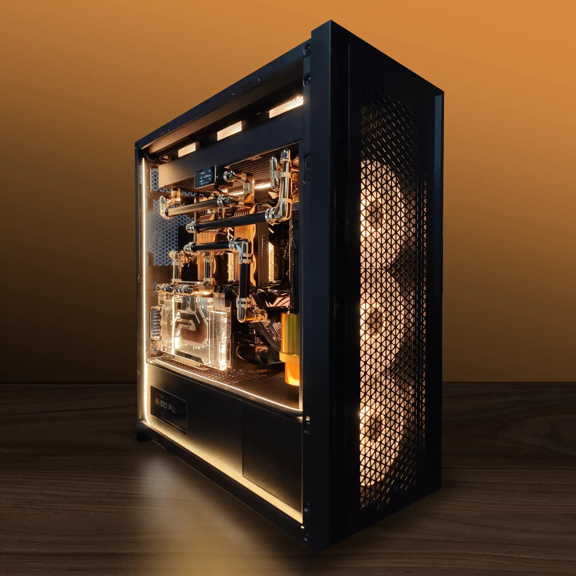 Obsidian Lux: a high‑performance, liquid‑cooled Custom PC by Alpha PC in Toronto, featuring a glass‑side chassis and RGB lighting—Toronto’s top Custom PC Builder—for landscape designers running CAD, SketchUp, and D5 Render workloads.