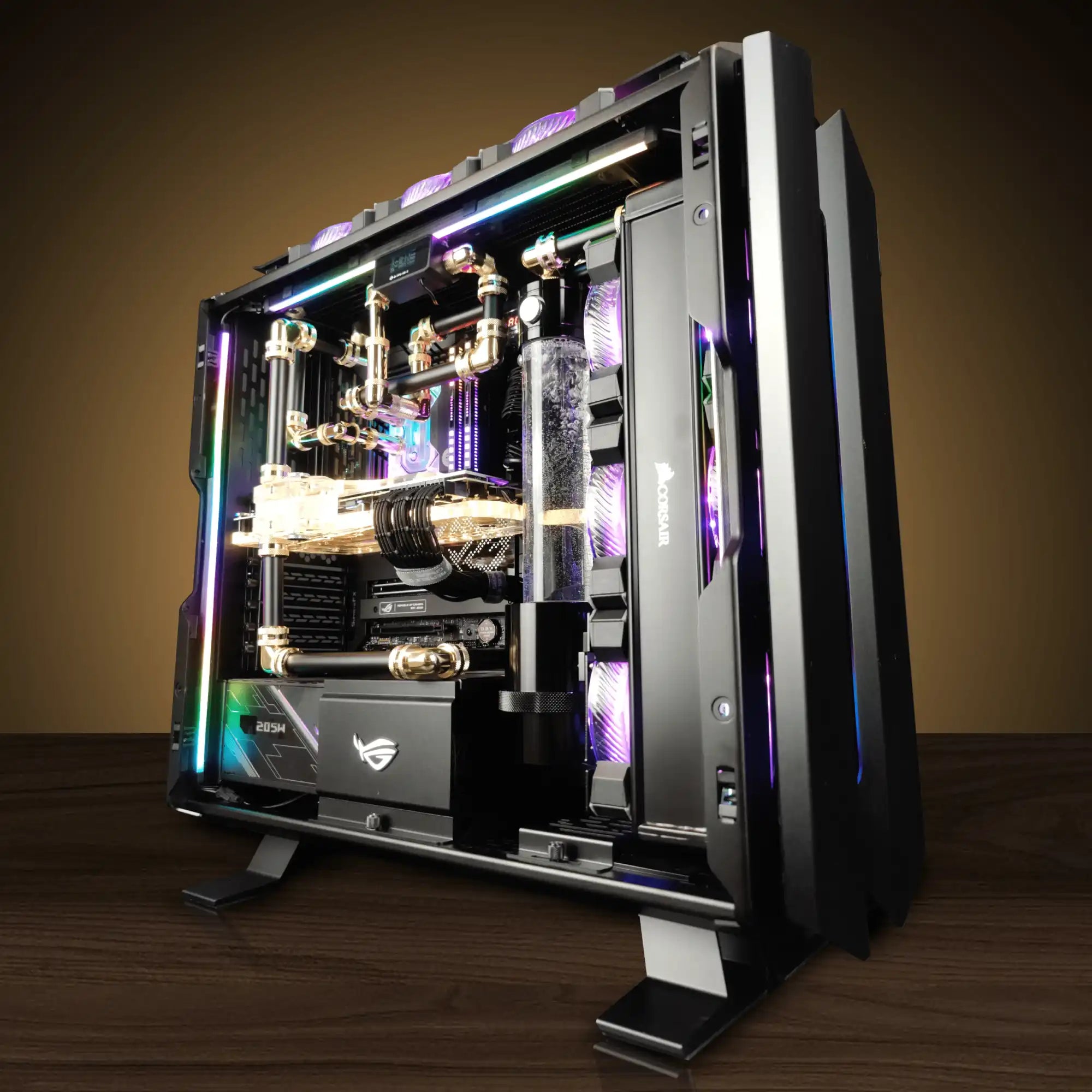 Onyx Prime custom gaming PC: a high‑performance, liquid‑cooled custom PC with gold‑tone coolant tubing, RGB‑lit fans and open‑frame design, handcrafted by Alpha PC—the #1 Custom PC Builder in Toronto—for ultra‑high‑performance gaming.